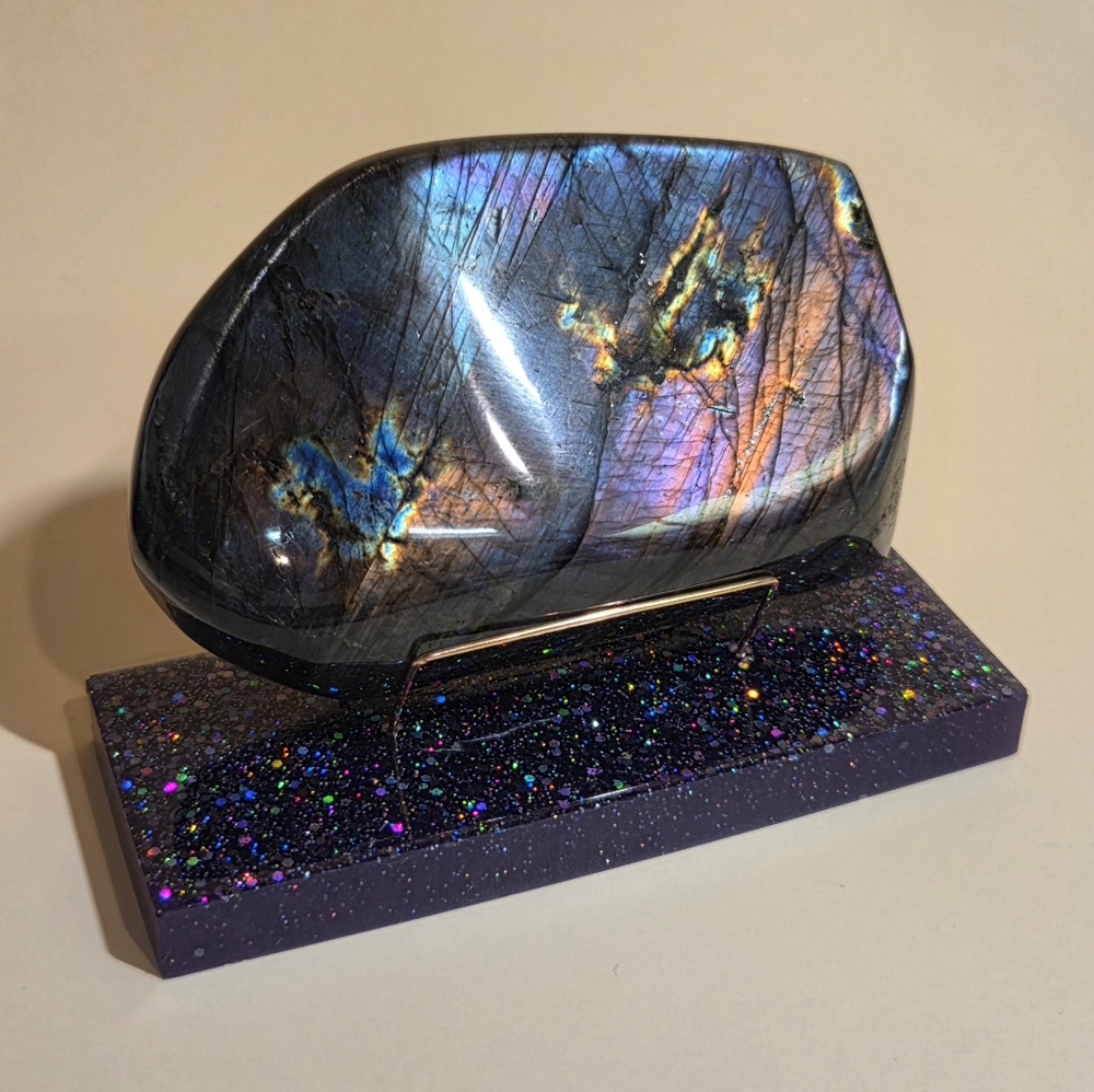 OMG!! Rare Purple Labradorite Gemstone On Handmade Resin/ Solid Bronze Display